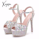 Xajzpa - Diamond Women Super High Heels Wedding Pumps 14cm Peep Shoes  Platform 4CM  Wristband Colorful Stiletto