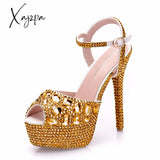 Xajzpa - Diamond Women Super High Heels Wedding Pumps 14Cm Peep Shoes Platform 4Cm Wristband