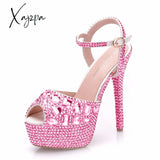 Xajzpa - Diamond Women Super High Heels Wedding Pumps 14Cm Peep Shoes Platform 4Cm Wristband