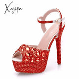 Xajzpa - Diamond Women Super High Heels Wedding Pumps 14Cm Peep Shoes Platform 4Cm Wristband