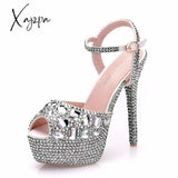 Xajzpa - Diamond Women Super High Heels Wedding Pumps 14Cm Peep Shoes Platform 4Cm Wristband