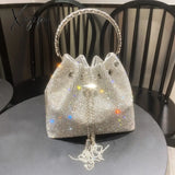 Xajzpa - Diamonds Tassel Evening Clutch Bag Women Luxury Designer Chain Metal Ring Handle Shiny Crystal Bucket Purse Bridal Wedding Party