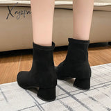 Xajzpa - Elastic Suede Martens 2023 Winter Pointed Toe Warm Ankle Boots High Heels Chunky Women