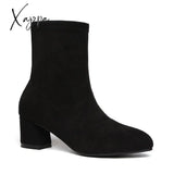 Xajzpa - Elastic Suede Martens 2023 Winter Pointed Toe Warm Ankle Boots High Heels Chunky Women