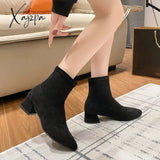 Xajzpa - Elastic Suede Martens 2023 Winter Pointed Toe Warm Ankle Boots High Heels Chunky Women