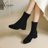 Xajzpa - Elastic Suede Martens 2023 Winter Pointed Toe Warm Ankle Boots High Heels Chunky Women