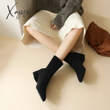 Xajzpa - Elastic Suede Martens 2023 Winter Pointed Toe Warm Ankle Boots High Heels Chunky Women