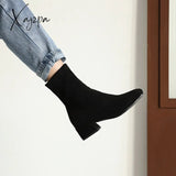 Xajzpa - Elastic Suede Martens 2023 Winter Pointed Toe Warm Ankle Boots High Heels Chunky Women