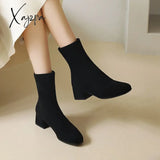 Xajzpa - Elastic Suede Martens 2023 Winter Pointed Toe Warm Ankle Boots High Heels Chunky Women