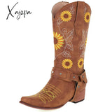 Xajzpa - Embroidered Stud Vintage Cowboy Boots Brown Sun Flowers / 5