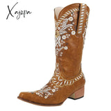 Xajzpa - Embroidered Stud Vintage Cowboy Boots Brown White Flowers / 5