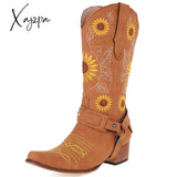 Xajzpa - Embroidered Stud Vintage Cowboy Boots Khaki Sun Flowers / 5