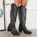 Xajzpa - Embroidered Western Cowboy Boots Chunky Heel Knee High Riding