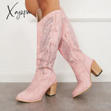 Xajzpa - Embroidered Western Cowboy Boots Chunky Heel Knee High Riding