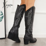 Xajzpa - Embroidered Western Cowboy Boots Chunky Heel Knee High Riding