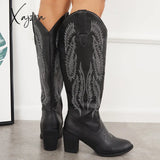 Xajzpa - Embroidered Western Cowboy Boots Chunky Heel Knee High Riding