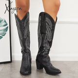 Xajzpa - Embroidered Western Cowboy Boots Chunky Heel Knee High Riding