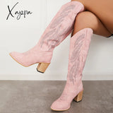 Xajzpa - Embroidered Western Cowboy Boots Chunky Heel Knee High Riding