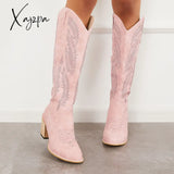 Xajzpa - Embroidered Western Cowboy Boots Chunky Heel Knee High Riding