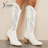 Xajzpa - Embroidered Western Cowboy Boots Chunky Heel Knee High Riding