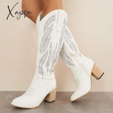 Xajzpa - Embroidered Western Cowboy Boots Chunky Heel Knee High Riding