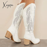 Xajzpa - Embroidered Western Cowboy Boots Chunky Heel Knee High Riding