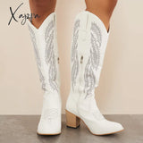 Xajzpa - Embroidered Western Cowboy Boots Chunky Heel Knee High Riding