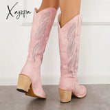 Xajzpa - Embroidered Western Cowboy Boots Chunky Heel Knee High Riding