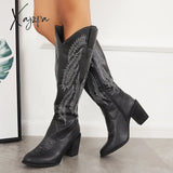 Xajzpa - Embroidered Western Cowboy Boots Chunky Heel Knee High Riding Black / 5