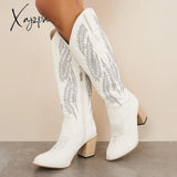 Xajzpa - Embroidered Western Cowboy Boots Chunky Heel Knee High Riding White / 5