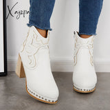 Xajzpa - Embroidery Rivet Platform Chunky Heel Booties Western Cowgirl Ankle Boots