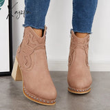 Xajzpa - Embroidery Rivet Platform Chunky Heel Booties Western Cowgirl Ankle Boots