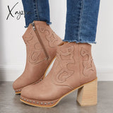 Xajzpa - Embroidery Rivet Platform Chunky Heel Booties Western Cowgirl Ankle Boots