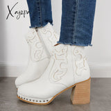 Xajzpa - Embroidery Rivet Platform Chunky Heel Booties Western Cowgirl Ankle Boots