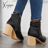 Xajzpa - Embroidery Rivet Platform Chunky Heel Booties Western Cowgirl Ankle Boots