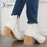 Xajzpa - Embroidery Rivet Platform Chunky Heel Booties Western Cowgirl Ankle Boots