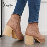 Xajzpa - Embroidery Rivet Platform Chunky Heel Booties Western Cowgirl Ankle Boots