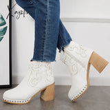 Xajzpa - Embroidery Rivet Platform Chunky Heel Booties Western Cowgirl Ankle Boots