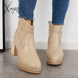 Xajzpa - Embroidery Rivet Platform Chunky Heel Booties Western Cowgirl Ankle Boots