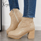 Xajzpa - Embroidery Rivet Platform Chunky Heel Booties Western Cowgirl Ankle Boots