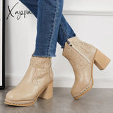 Xajzpa - Embroidery Rivet Platform Chunky Heel Booties Western Cowgirl Ankle Boots