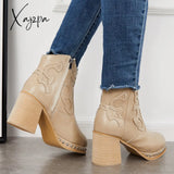 Xajzpa - Embroidery Rivet Platform Chunky Heel Booties Western Cowgirl Ankle Boots