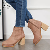 Xajzpa - Embroidery Rivet Platform Chunky Heel Booties Western Cowgirl Ankle Boots