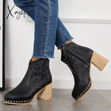 Xajzpa - Embroidery Rivet Platform Chunky Heel Booties Western Cowgirl Ankle Boots