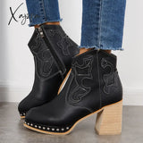 Xajzpa - Embroidery Rivet Platform Chunky Heel Booties Western Cowgirl Ankle Boots