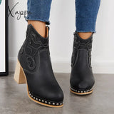 Xajzpa - Embroidery Rivet Platform Chunky Heel Booties Western Cowgirl Ankle Boots