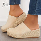 Xajzpa - Espadrilles Mule Wedges Platform Slip On Backless Sandals Khaki / 5