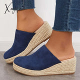 Xajzpa - Espadrilles Mule Wedges Platform Slip On Backless Sandals Navy / 5