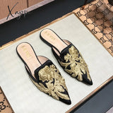 Xajzpa - Fashion 3D Embroidery Mules Women Fur Slippers Velvet Shoes Ladies Low Heel Flower