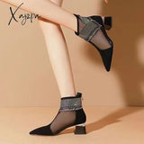 Xajzpa - Fashion Ankle Boots Women 2023 New Glitter Rhinestone Ladies Pointed Toe Chunky Heel Shoes